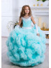 White Lace Turquoise Tulle Cloud Ruffles Flower Girl Dress